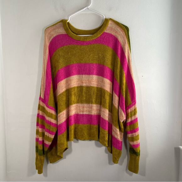 Free People All About You Stripe Chenille Sweater Multi Green Pink XS Oversized - Picture 2 of 16